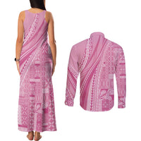 Pasifika Women's Day - Samoa Siapo Malu Tattoo Inspired Couples Matching Tank Maxi Dress and Long Sleeve Button Shirt Pink