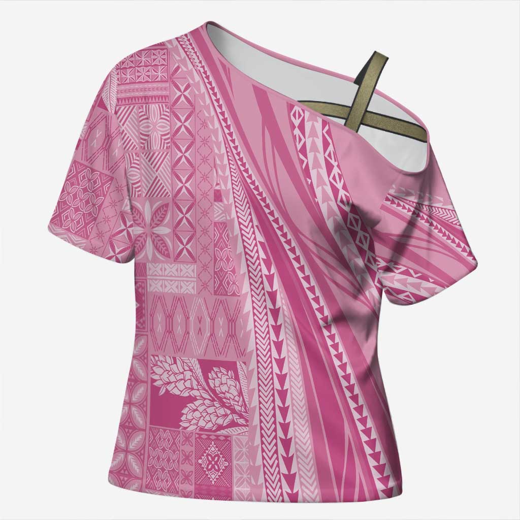 Pasifika Women's Day - Samoa Siapo Malu Tattoo Inspired Cross Shoulder Shirt Pink