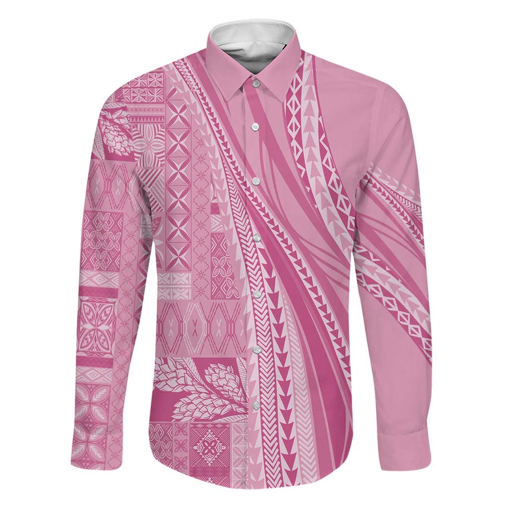 Pasifika Women's Day - Samoa Siapo Malu Tattoo Inspired Family Matching Off The Shoulder Long Sleeve Dress and Hawaiian Shirt Pink LT7 Dad's Shirt - Long Sleeve Pink - Polynesian Pride