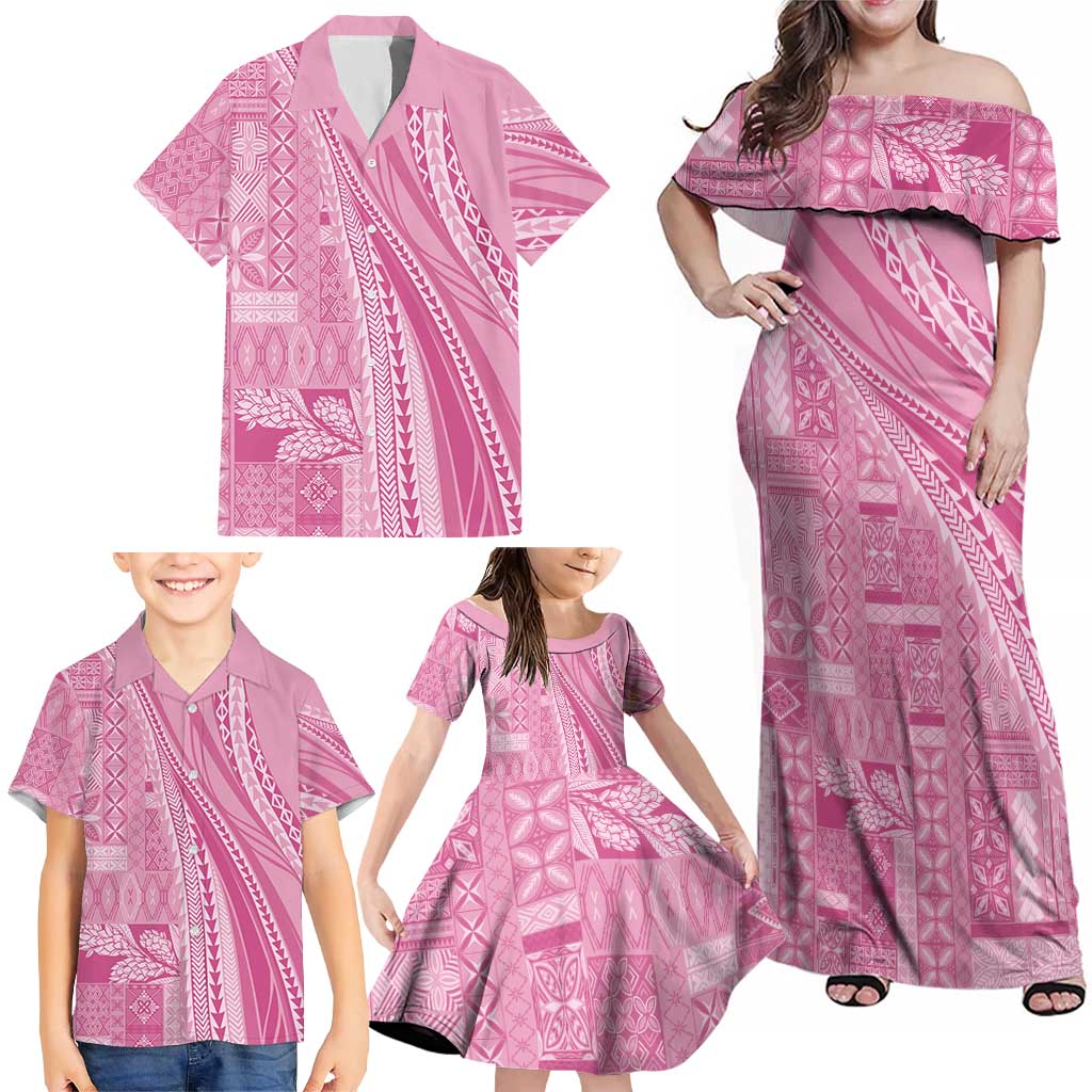 Pasifika Women's Day - Samoa Siapo Malu Tattoo Inspired Family Matching Off Shoulder Maxi Dress and Hawaiian Shirt Pink