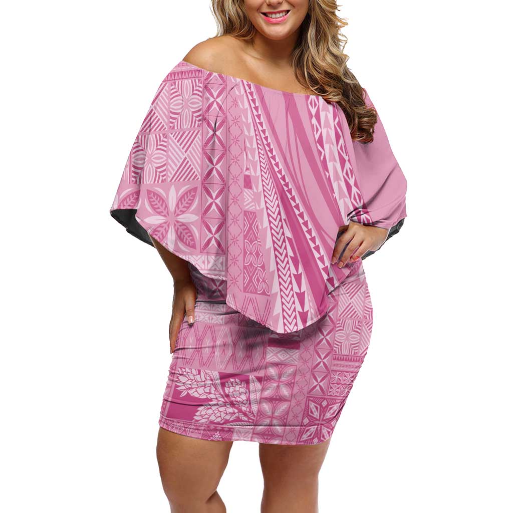 Pasifika Women's Day - Samoa Siapo Malu Tattoo Inspired Family Matching Off Shoulder Short Dress and Hawaiian Shirt Pink LT7 Mom's Dress Pink - Polynesian Pride