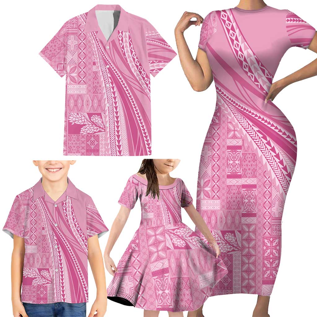 Pasifika Women's Day - Samoa Siapo Malu Tattoo Inspired Family Matching Short Sleeve Bodycon Dress and Hawaiian Shirt Pink LT7 - Polynesian Pride