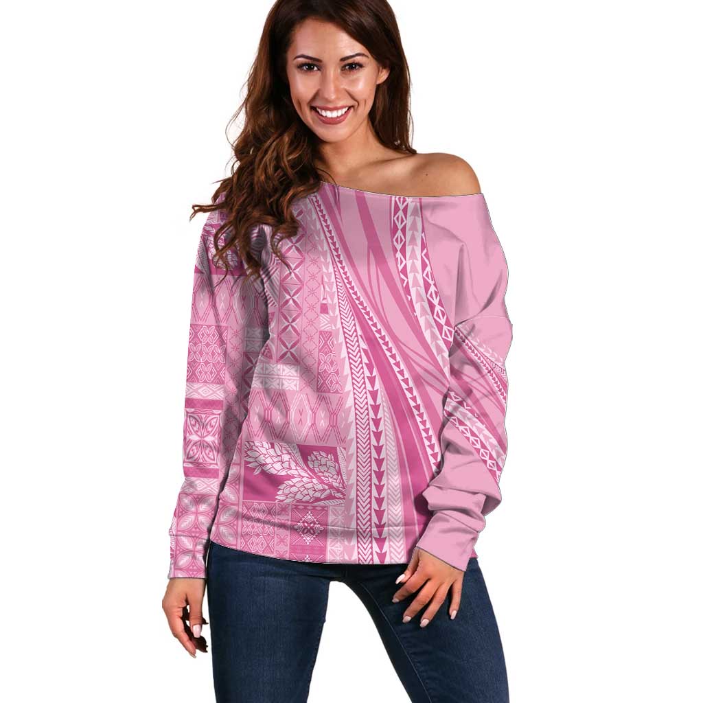 Pasifika Women's Day - Samoa Siapo Malu Tattoo Inspired Off Shoulder Sweater Pink