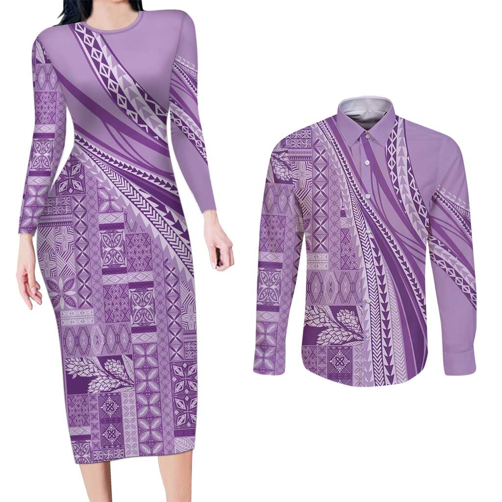 Pasifika Women's Day - Samoa Siapo Malu Tattoo Inspired Couples Matching Long Sleeve Bodycon Dress and Long Sleeve Button Shirt Lavender