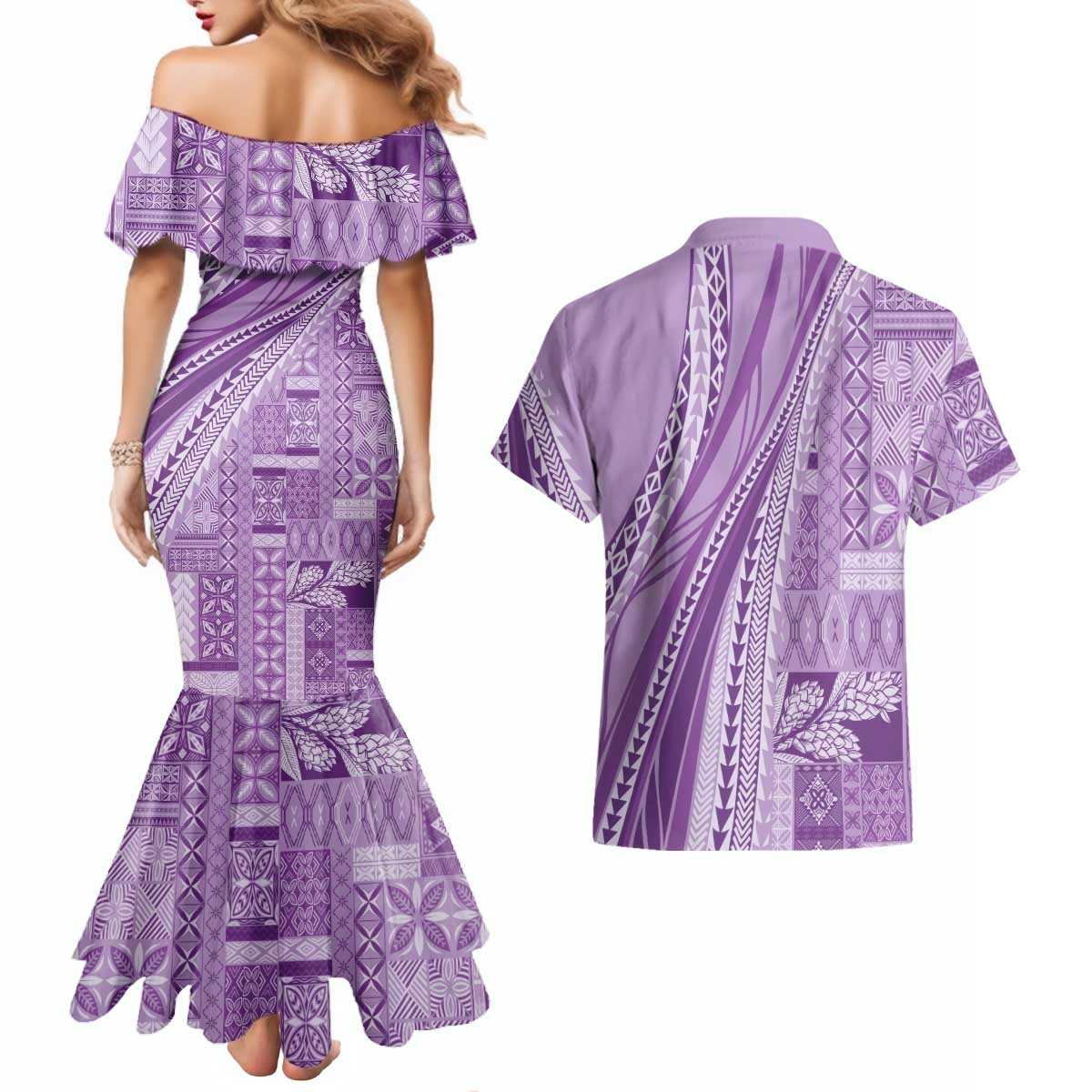 Pasifika Women's Day - Samoa Siapo Malu Tattoo Inspired Couples Matching Mermaid Dress and Hawaiian Shirt Lavender