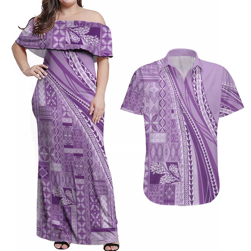 Pasifika Women's Day - Samoa Siapo Malu Tattoo Inspired Couples Matching Off Shoulder Maxi Dress and Hawaiian Shirt Lavender