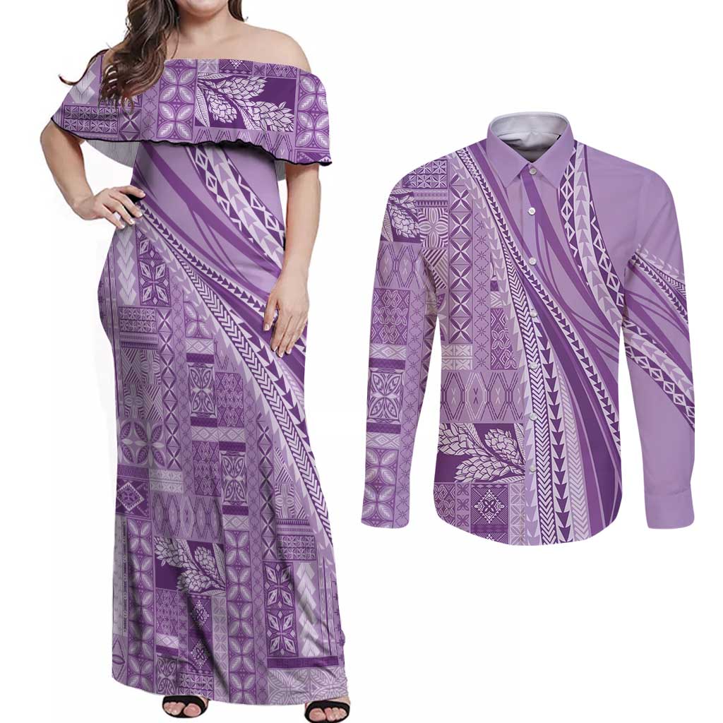 Pasifika Women's Day - Samoa Siapo Malu Tattoo Inspired Couples Matching Off Shoulder Maxi Dress and Long Sleeve Button Shirt Lavender