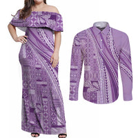 Pasifika Women's Day - Samoa Siapo Malu Tattoo Inspired Couples Matching Off Shoulder Maxi Dress and Long Sleeve Button Shirt Lavender
