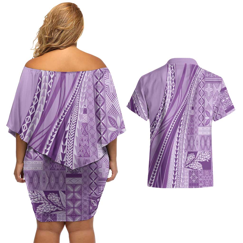 Pasifika Women's Day - Samoa Siapo Malu Tattoo Inspired Couples Matching Off Shoulder Short Dress and Hawaiian Shirt Lavender