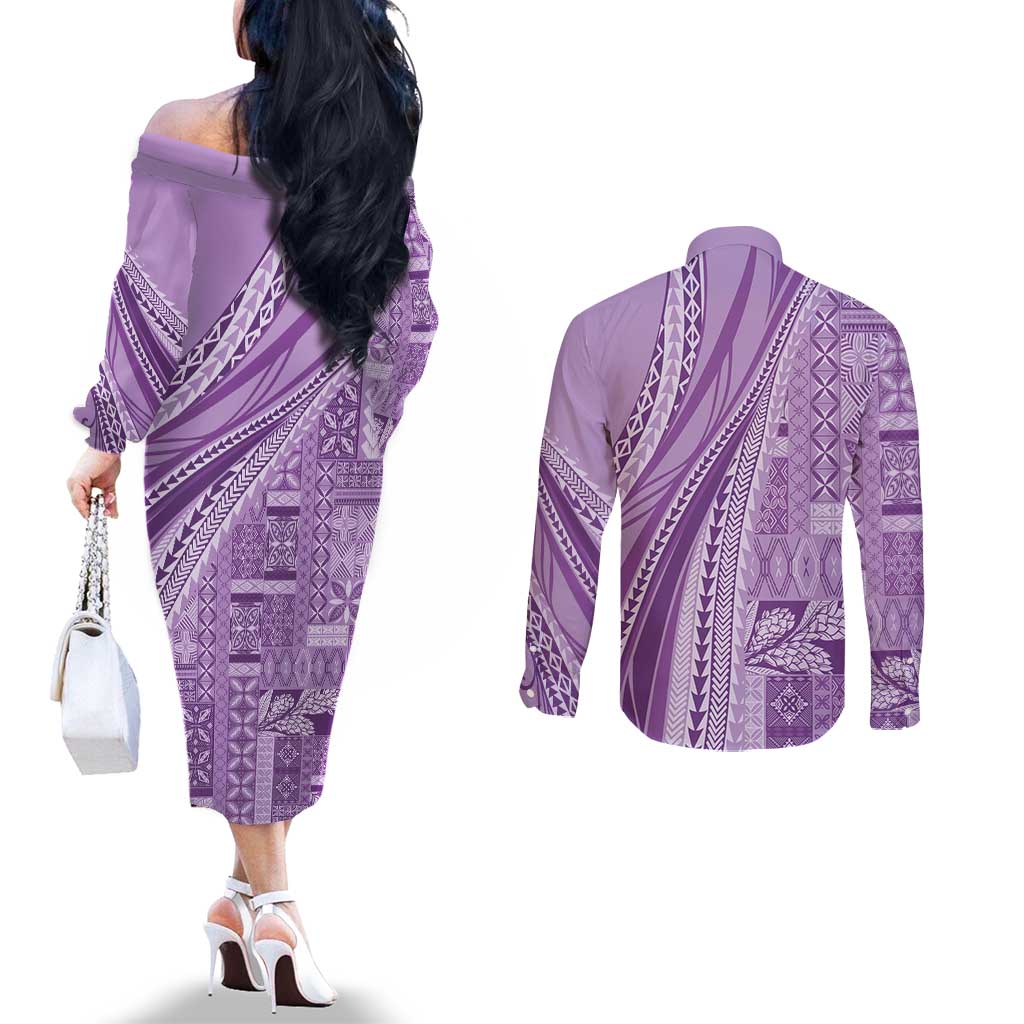 Pasifika Women's Day - Samoa Siapo Malu Tattoo Inspired Couples Matching Off The Shoulder Long Sleeve Dress and Long Sleeve Button Shirt Lavender