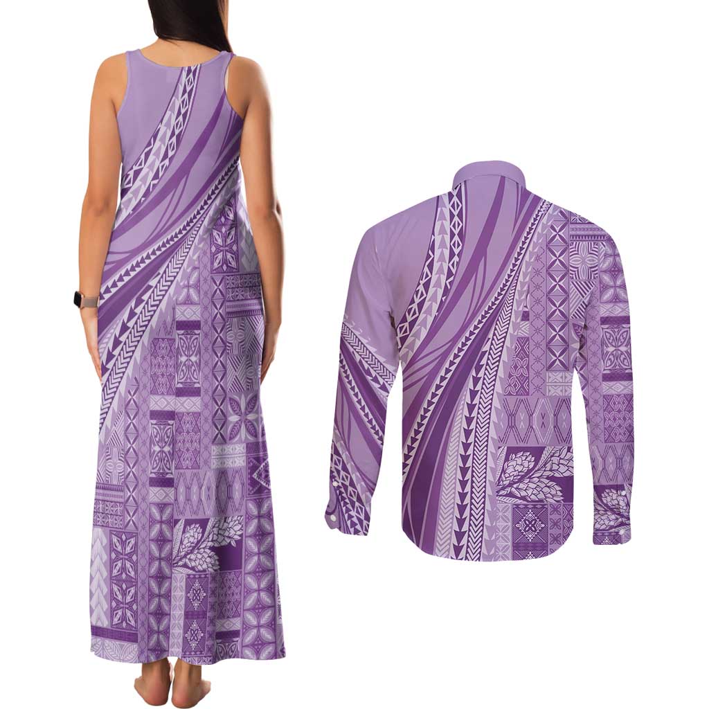 Pasifika Women's Day - Samoa Siapo Malu Tattoo Inspired Couples Matching Tank Maxi Dress and Long Sleeve Button Shirt Lavender