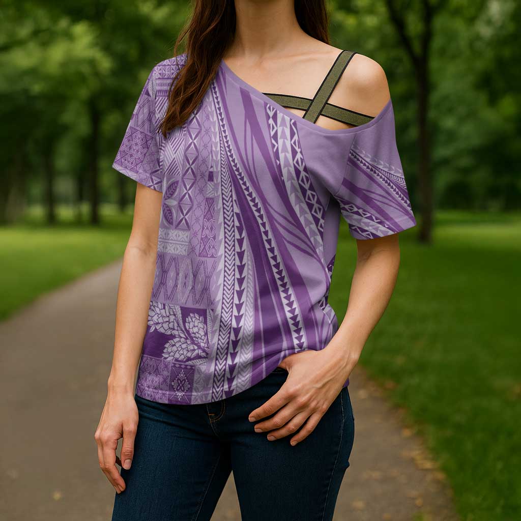 Pasifika Women's Day - Samoa Siapo Malu Tattoo Inspired Cross Shoulder Shirt Lavender