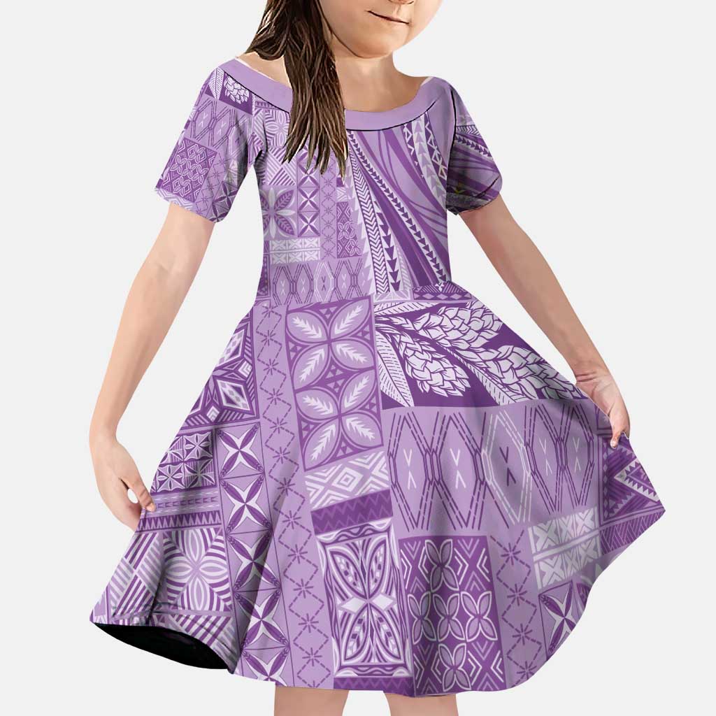 Pasifika Women's Day - Samoa Siapo Malu Tattoo Inspired Family Matching Mermaid Dress and Hawaiian Shirt Lavender LT7 Daughter's Dress Lavender - Polynesian Pride