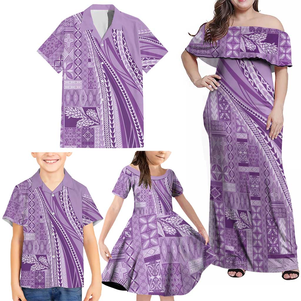 Pasifika Women's Day - Samoa Siapo Malu Tattoo Inspired Family Matching Off Shoulder Maxi Dress and Hawaiian Shirt Lavender