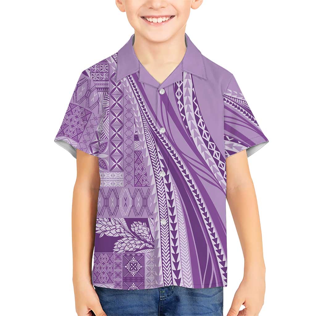 Pasifika Women's Day - Samoa Siapo Malu Tattoo Inspired Family Matching Off Shoulder Short Dress and Hawaiian Shirt Lavender LT7 Son's Shirt Lavender - Polynesian Pride
