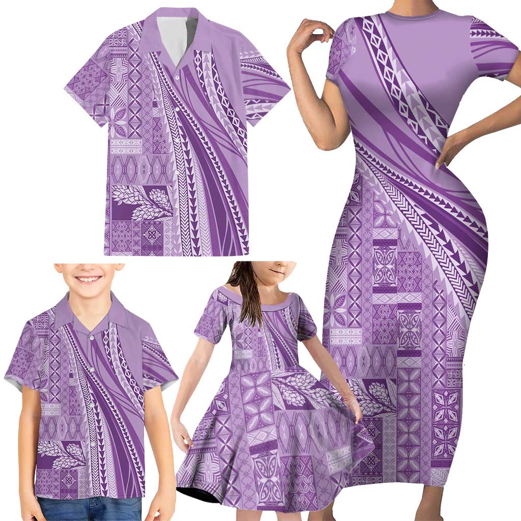 Pasifika Women's Day - Samoa Siapo Malu Tattoo Inspired Family Matching Short Sleeve Bodycon Dress and Hawaiian Shirt Lavender