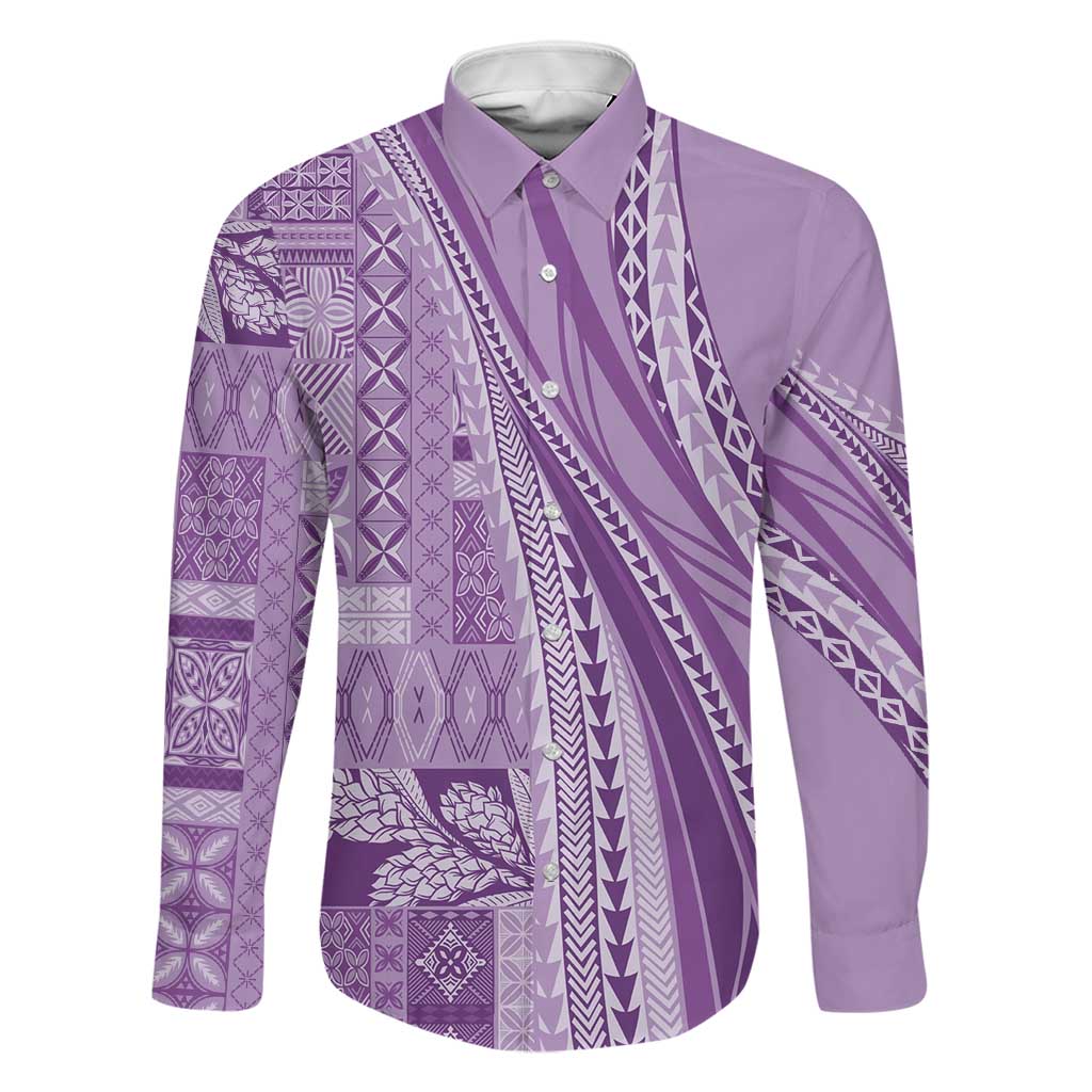 Pasifika Women's Day - Samoa Siapo Malu Tattoo Inspired Family Matching Summer Maxi Dress and Hawaiian Shirt Lavender LT7 Dad's Shirt - Long Sleeve Lavender - Polynesian Pride