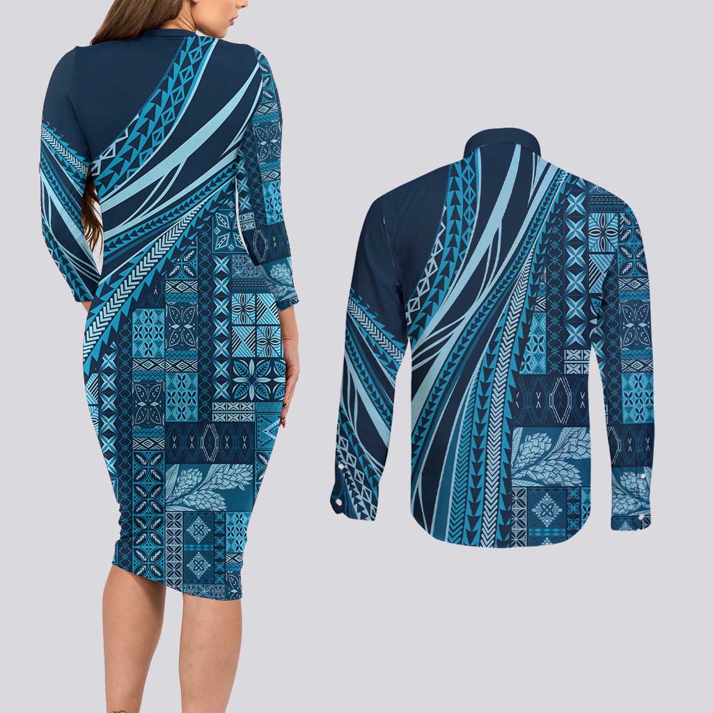 Pasifika Women's Day - Samoa Siapo Malu Tattoo Inspired Couples Matching Long Sleeve Bodycon Dress and Long Sleeve Button Shirt Navy Blue