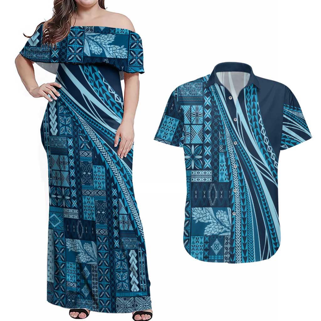 Pasifika Women's Day - Samoa Siapo Malu Tattoo Inspired Couples Matching Off Shoulder Maxi Dress and Hawaiian Shirt Navy Blue