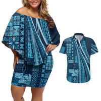 Pasifika Women's Day - Samoa Siapo Malu Tattoo Inspired Couples Matching Off Shoulder Short Dress and Hawaiian Shirt Navy Blue