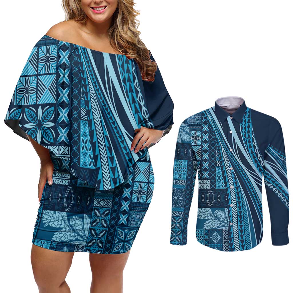 Pasifika Women's Day - Samoa Siapo Malu Tattoo Inspired Couples Matching Off Shoulder Short Dress and Long Sleeve Button Shirt Navy Blue