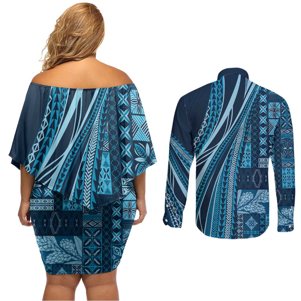 Pasifika Women's Day - Samoa Siapo Malu Tattoo Inspired Couples Matching Off Shoulder Short Dress and Long Sleeve Button Shirt Navy Blue