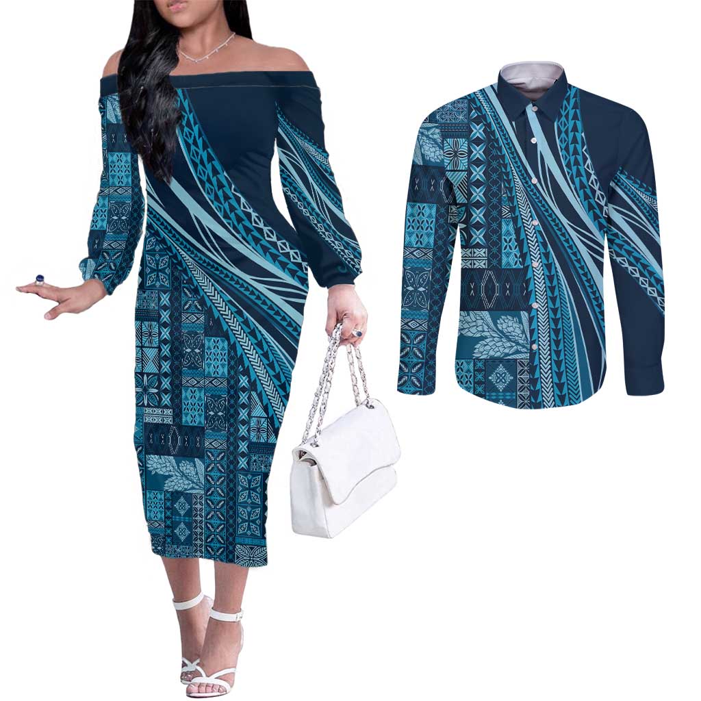 Pasifika Women's Day - Samoa Siapo Malu Tattoo Inspired Couples Matching Off The Shoulder Long Sleeve Dress and Long Sleeve Button Shirt Navy Blue