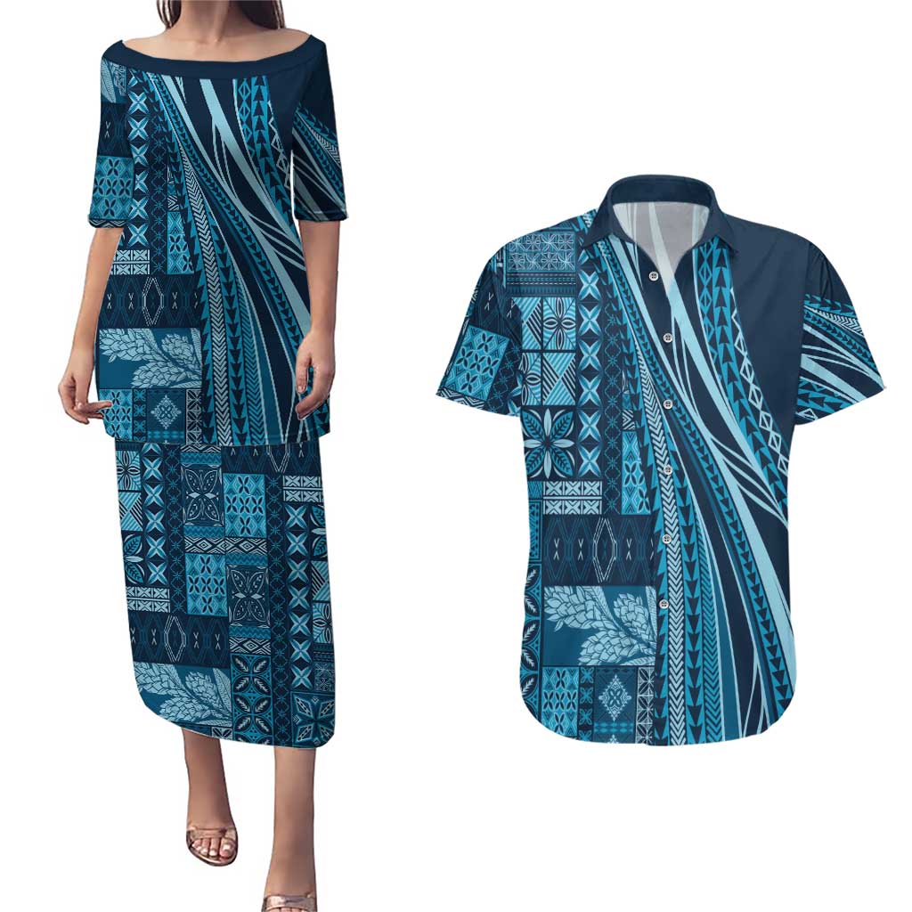 Pasifika Women's Day - Samoa Siapo Malu Tattoo Inspired Couples Matching Puletasi and Hawaiian Shirt Navy Blue