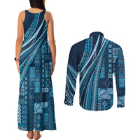 Pasifika Women's Day - Samoa Siapo Malu Tattoo Inspired Couples Matching Tank Maxi Dress and Long Sleeve Button Shirt Navy Blue