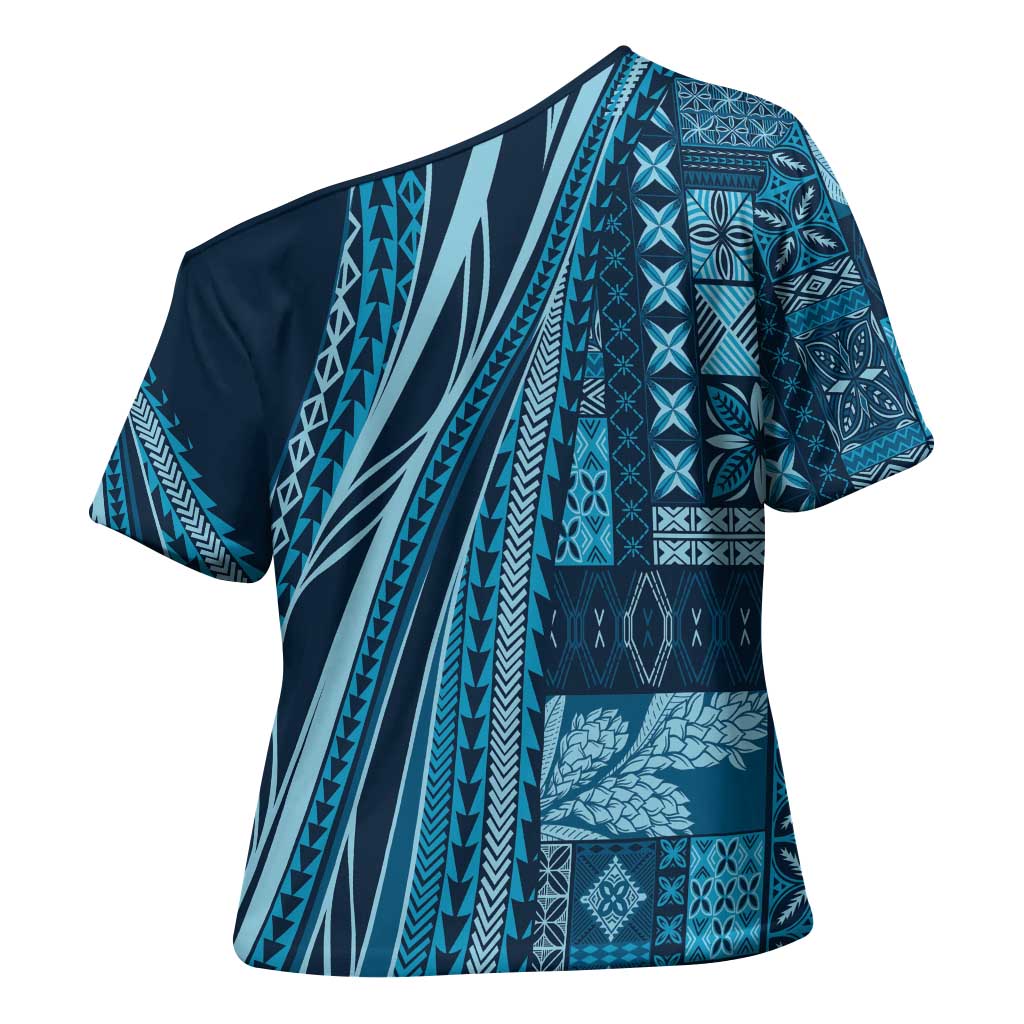 Pasifika Women's Day - Samoa Siapo Malu Tattoo Inspired Cross Shoulder Shirt Navy Blue