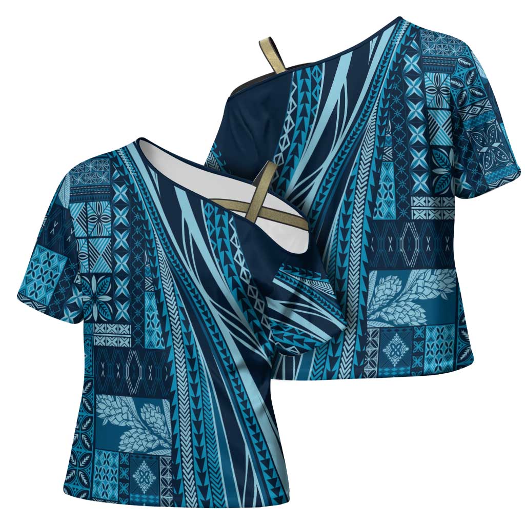 Pasifika Women's Day - Samoa Siapo Malu Tattoo Inspired Cross Shoulder Shirt Navy Blue