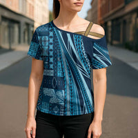 Pasifika Women's Day - Samoa Siapo Malu Tattoo Inspired Cross Shoulder Shirt Navy Blue