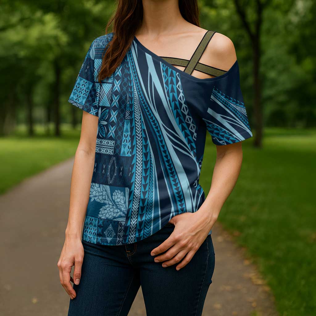 Pasifika Women's Day - Samoa Siapo Malu Tattoo Inspired Cross Shoulder Shirt Navy Blue