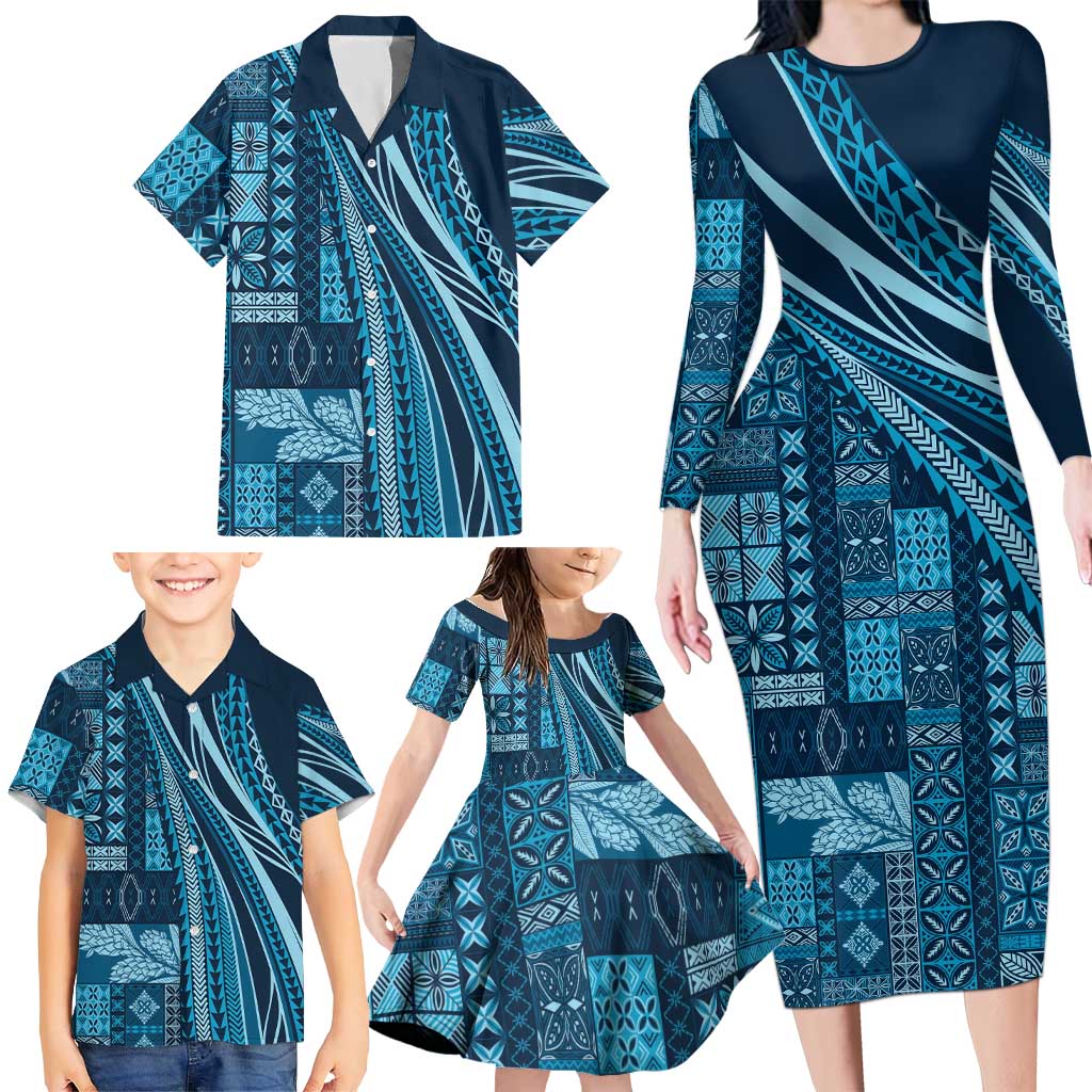 Pasifika Women's Day - Samoa Siapo Malu Tattoo Inspired Family Matching Long Sleeve Bodycon Dress and Hawaiian Shirt Navy Blue