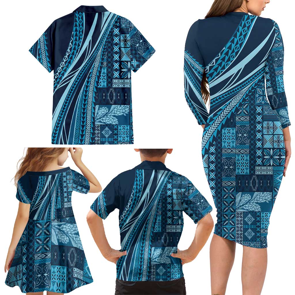 Pasifika Women's Day - Samoa Siapo Malu Tattoo Inspired Family Matching Long Sleeve Bodycon Dress and Hawaiian Shirt Navy Blue LT7 - Polynesian Pride