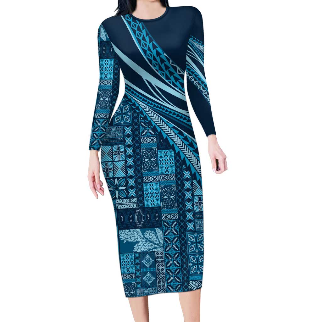 Pasifika Women's Day - Samoa Siapo Malu Tattoo Inspired Family Matching Long Sleeve Bodycon Dress and Hawaiian Shirt Navy Blue LT7 Mom's Dress Navy Blue - Polynesian Pride