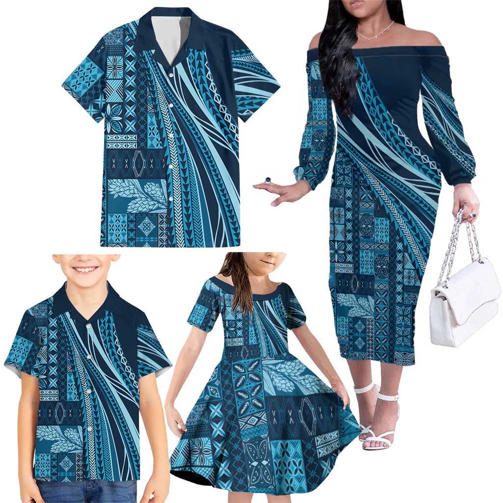 Pasifika Women's Day - Samoa Siapo Malu Tattoo Inspired Family Matching Off The Shoulder Long Sleeve Dress and Hawaiian Shirt Navy Blue LT7 - Polynesian Pride