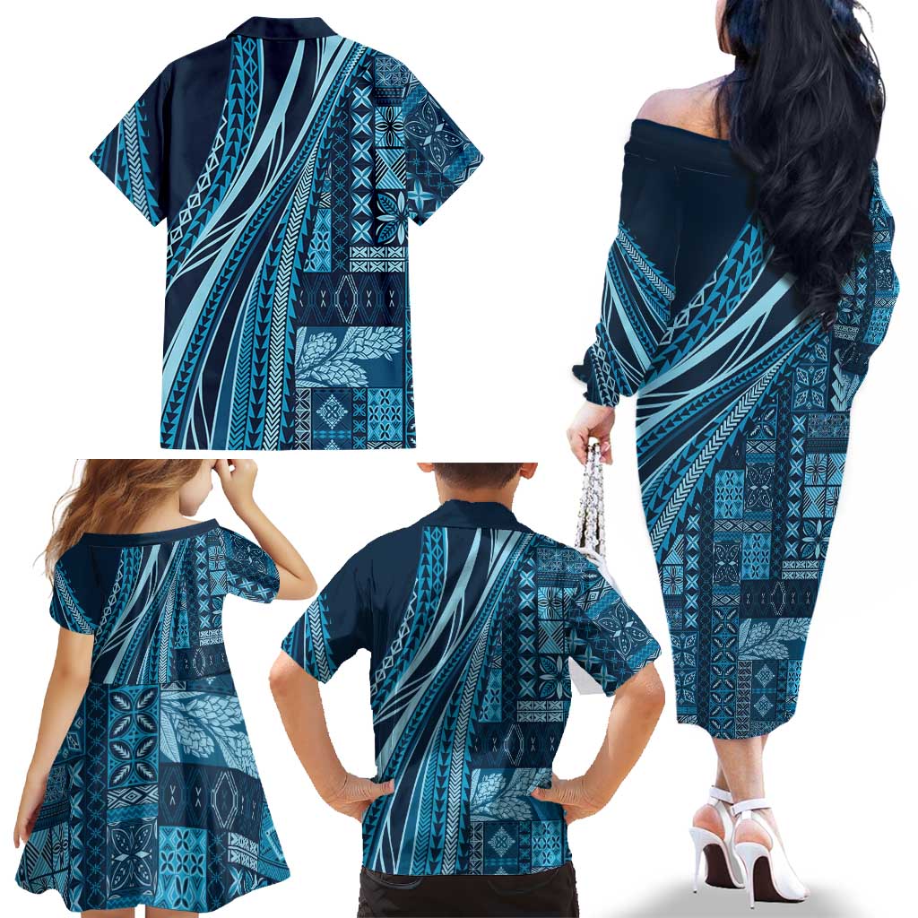 Pasifika Women's Day - Samoa Siapo Malu Tattoo Inspired Family Matching Off The Shoulder Long Sleeve Dress and Hawaiian Shirt Navy Blue LT7 - Polynesian Pride