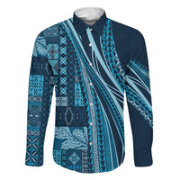 Pasifika Women's Day - Samoa Siapo Malu Tattoo Inspired Family Matching Off The Shoulder Long Sleeve Dress and Hawaiian Shirt Navy Blue LT7 Dad's Shirt - Long Sleeve Navy Blue - Polynesian Pride