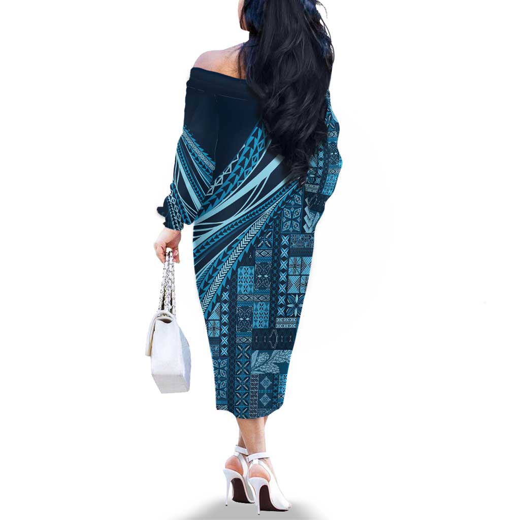 Pasifika Women's Day - Samoa Siapo Malu Tattoo Inspired Family Matching Off The Shoulder Long Sleeve Dress and Hawaiian Shirt Navy Blue LT7 - Polynesian Pride