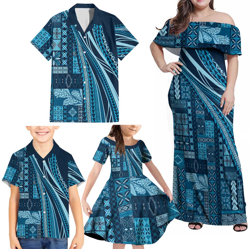 Pasifika Women's Day - Samoa Siapo Malu Tattoo Inspired Family Matching Off Shoulder Maxi Dress and Hawaiian Shirt Navy Blue