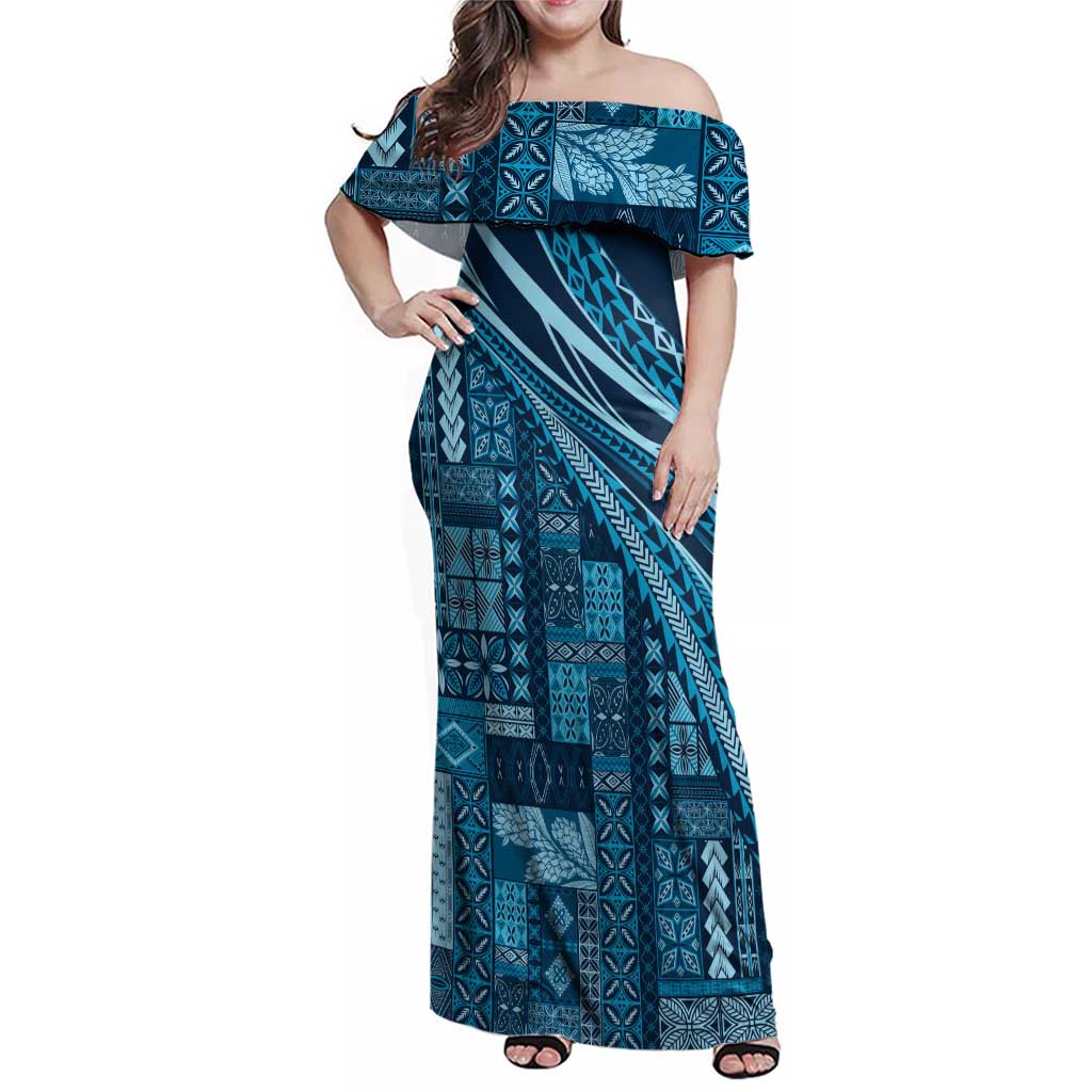 Pasifika Women's Day - Samoa Siapo Malu Tattoo Inspired Family Matching Off Shoulder Maxi Dress and Hawaiian Shirt Navy Blue