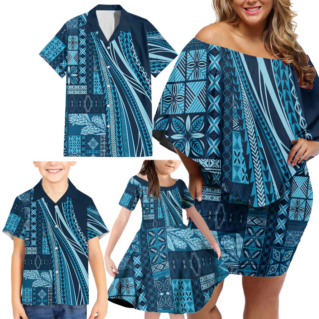 Pasifika Women's Day - Samoa Siapo Malu Tattoo Inspired Family Matching Off Shoulder Short Dress and Hawaiian Shirt Navy Blue LT7 - Polynesian Pride