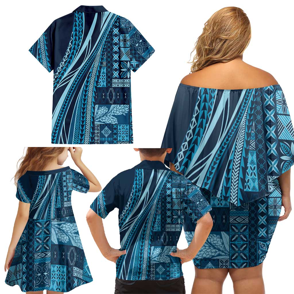 Pasifika Women's Day - Samoa Siapo Malu Tattoo Inspired Family Matching Off Shoulder Short Dress and Hawaiian Shirt Navy Blue LT7 - Polynesian Pride
