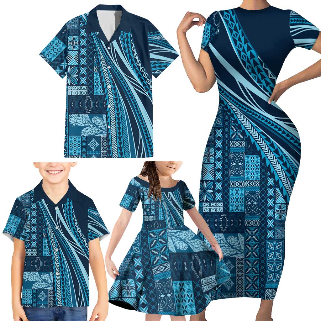 Pasifika Women's Day - Samoa Siapo Malu Tattoo Inspired Family Matching Short Sleeve Bodycon Dress and Hawaiian Shirt Navy Blue LT7 - Polynesian Pride