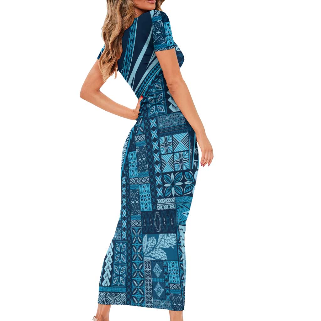 Pasifika Women's Day - Samoa Siapo Malu Tattoo Inspired Family Matching Short Sleeve Bodycon Dress and Hawaiian Shirt Navy Blue LT7 - Polynesian Pride