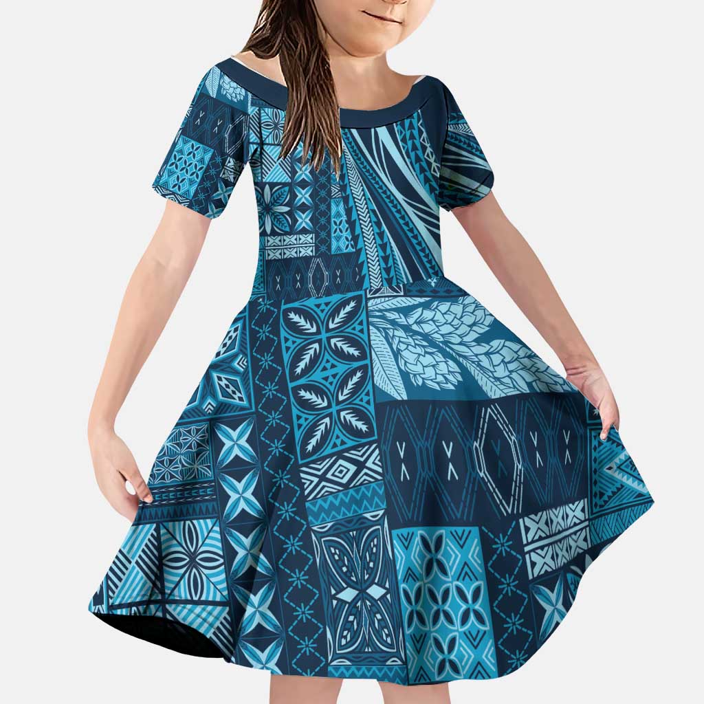Pasifika Women's Day - Samoa Siapo Malu Tattoo Inspired Family Matching Tank Maxi Dress and Hawaiian Shirt Navy Blue LT7 Daughter's Dress Navy Blue - Polynesian Pride