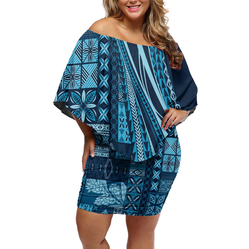 Pasifika Women's Day - Samoa Siapo Malu Tattoo Inspired Off Shoulder Short Dress Navy Blue