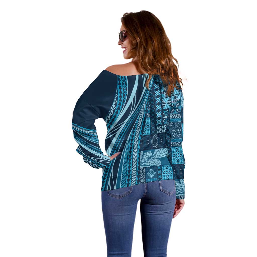 Pasifika Women's Day - Samoa Siapo Malu Tattoo Inspired Off Shoulder Sweater Navy Blue