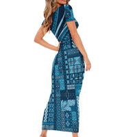 Pasifika Women's Day - Samoa Siapo Malu Tattoo Inspired Short Sleeve Bodycon Dress Navy Blue